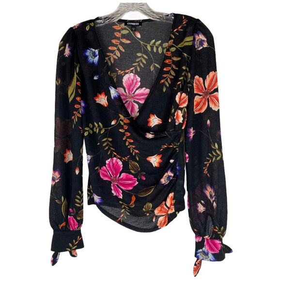 Women's XS EXPRESS Black Floral V-Neck Long Sleeve Top y2k Dark Surplice Whimsy - Picture 1 of 9